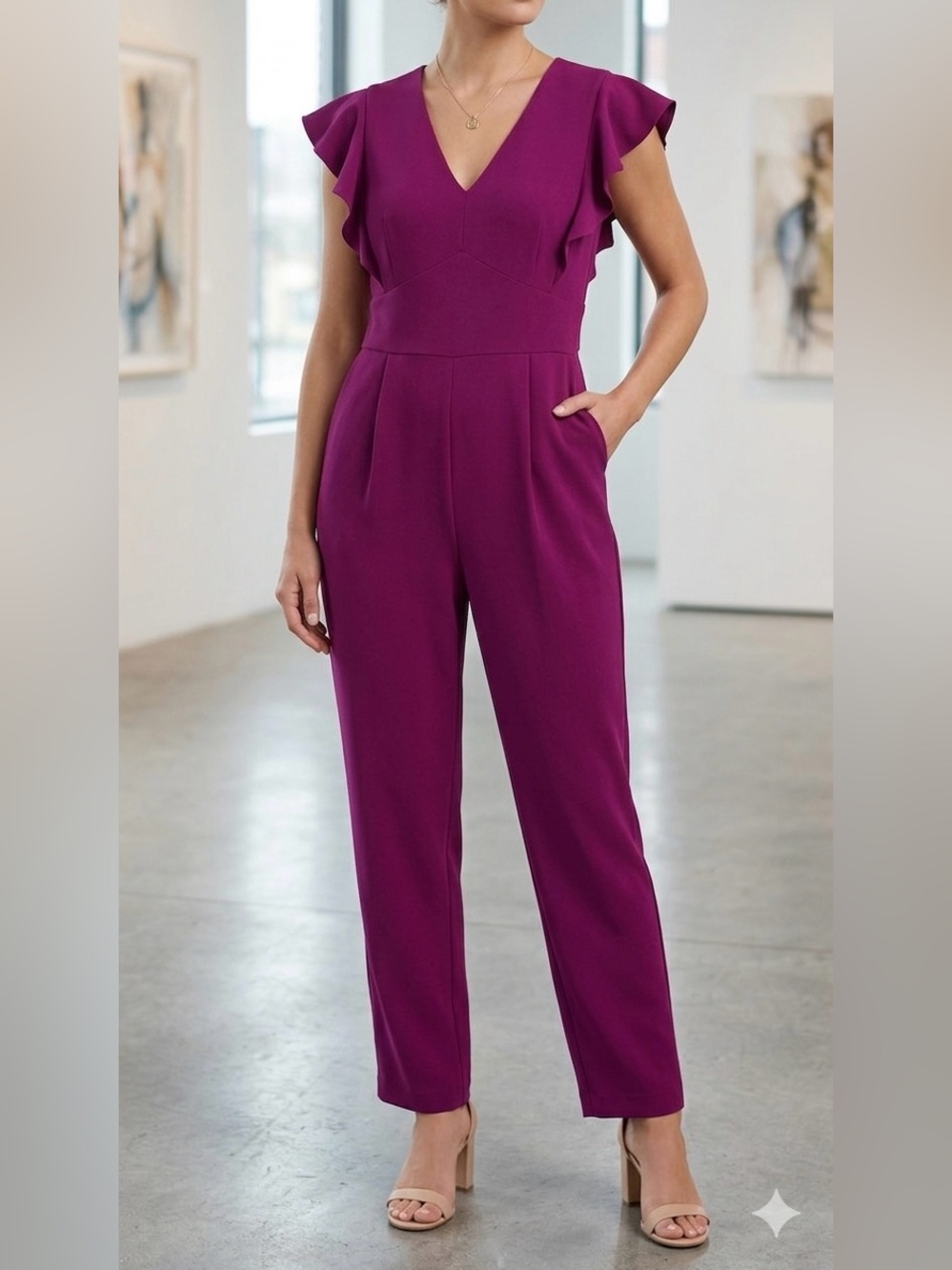 DKNY Magenta Ruffle Sleeve V-Neck Jumpsuit - Size 16